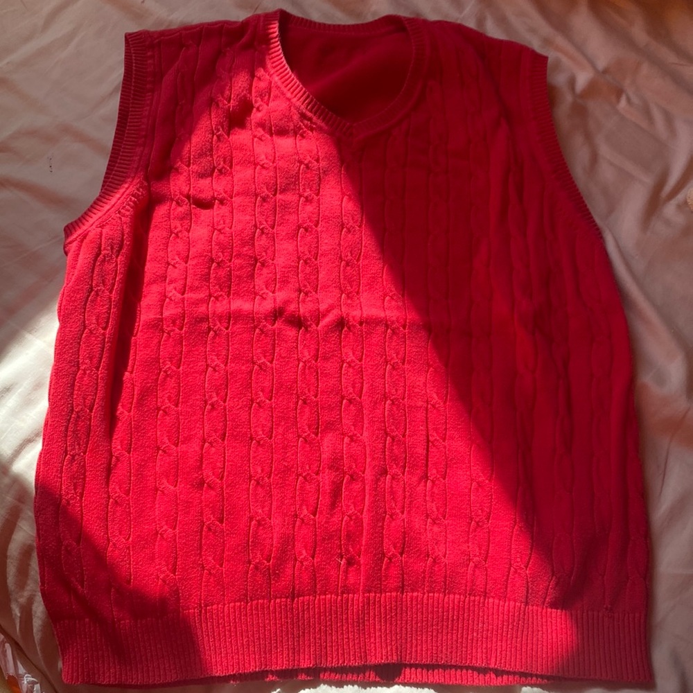Ruby Red Patterned Crochet Cable Knit V-Neck Sweater